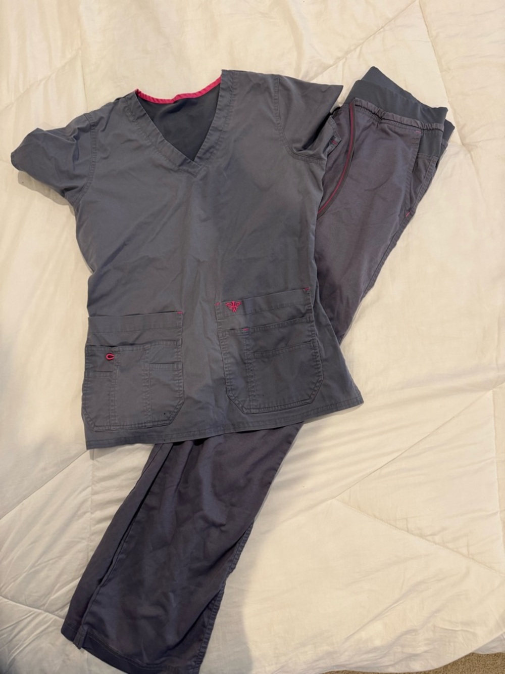 Med Couture Gray Scrub Set with Pink Trim